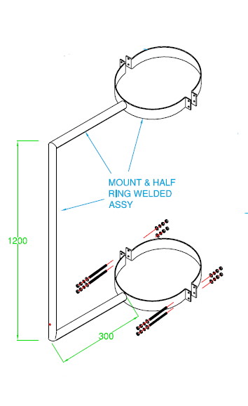 Galvanised steel 410mm diameter pole bracket with 300mm standoff with 50mm pole at 1400mm, suits 406.4mm dia pole.